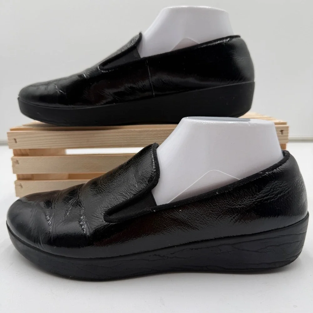 FitFlop Loafers Crinkled Patent Leather Slip On Shoes‎ Black Womens 8.5